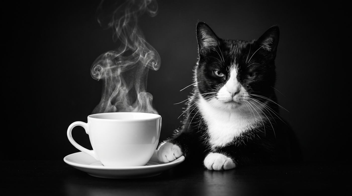 Gato junto a una taza de café humeante