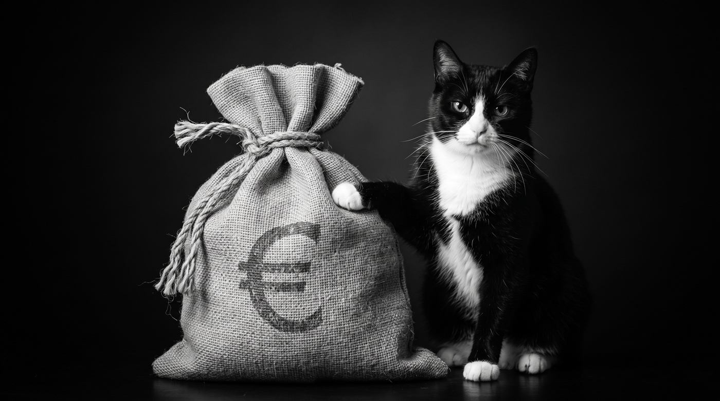 Gato junto a un saco de dinero